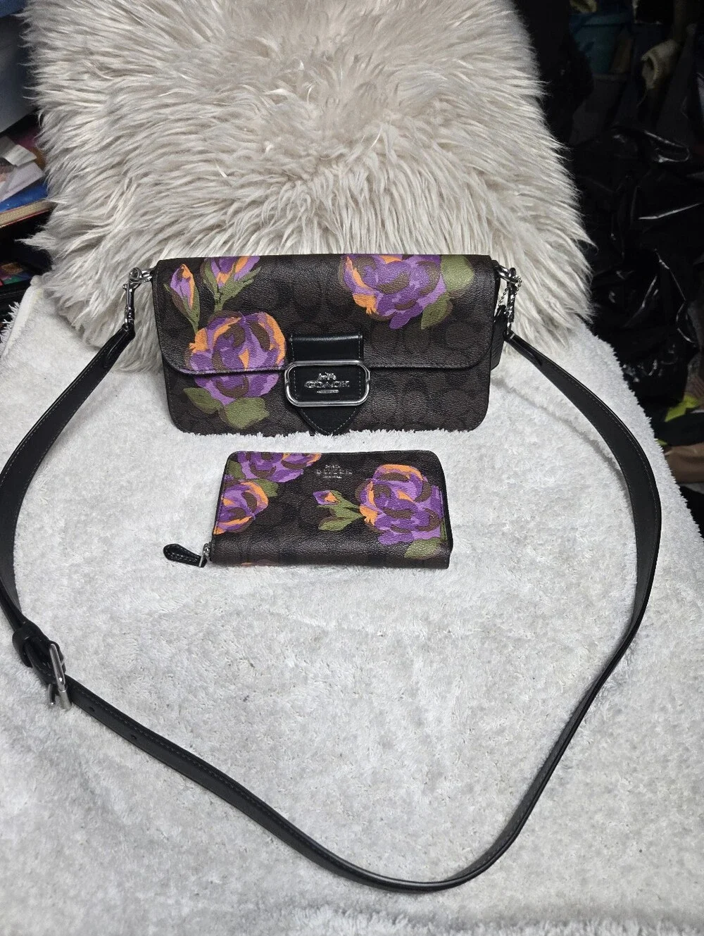 Coach Morgan Shoulder Bag In Signature Canvas With Rose Print & Matching Wallet